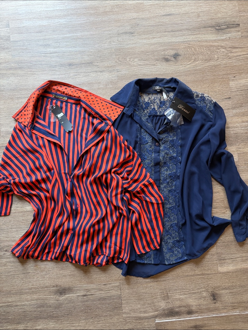 Navy Lace Button-Up Blouse & Orange-Navy Striped Shirt - Two-Piece Set
